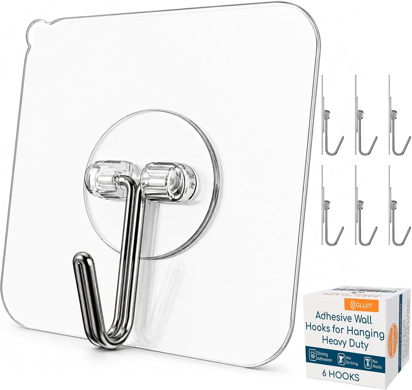 GLUIT Adhesive Wall Hooks for Hanging Heavy Duty 22 lbs Hooks for Walls No Drill, Towel Sticky Clear Hook, Waterproof, Home, Bathroom, Kitchen, Office, and Outdoor 12 Pack