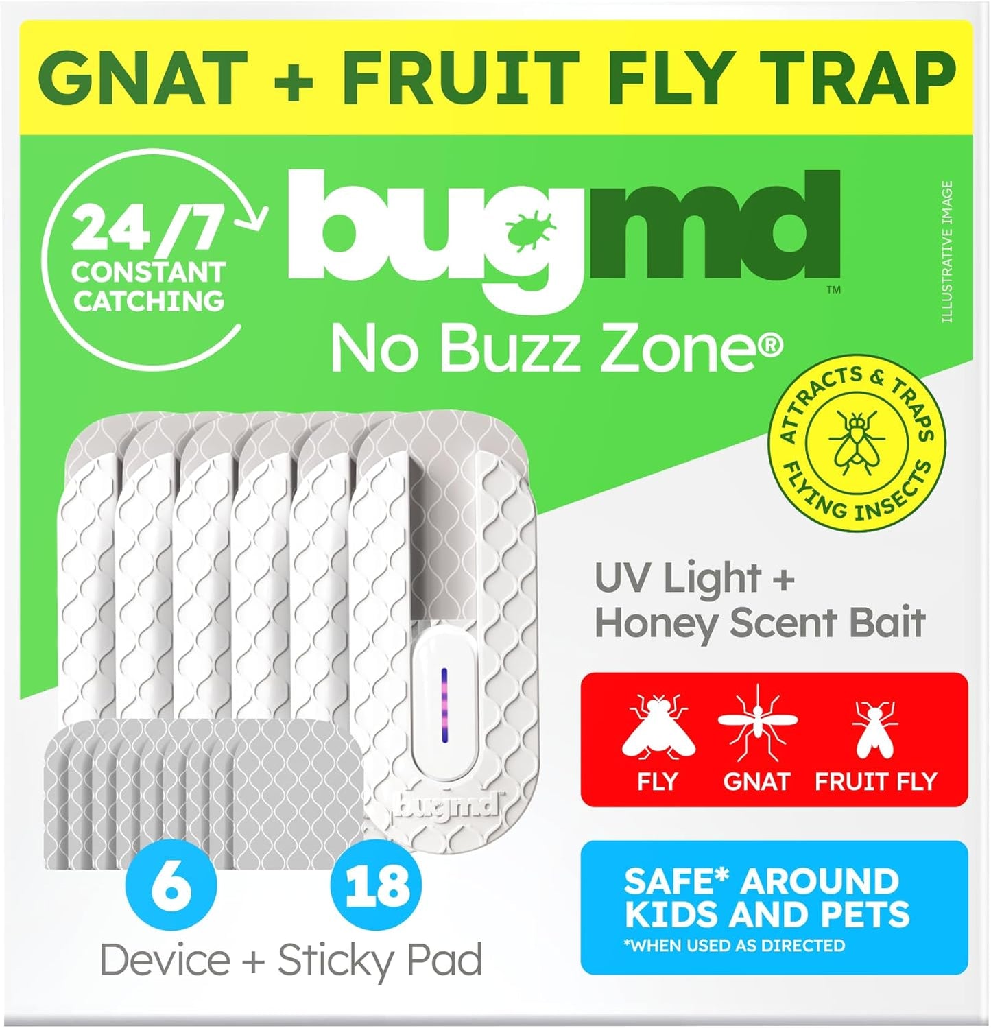 BugMD No Buzz Zone Fruit Fly Traps for Indoors with Honey Scent Bait & UV Light – Gnat Traps for House Indoor, Plug in Fly Trap Indoor, Bug Zapper Alternative, Mosquito Trap for Home