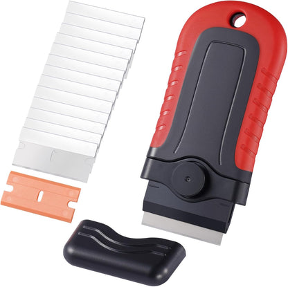 Happybuy Razor Blade Scraper, 15 Extra Blades, Locking Scraper Tool with Security Cap, Carbon Steel and POM Blades, for Cleaning Labels, Stickers, Decals, Paint from Glass Window Stovetop Cooktop Oven