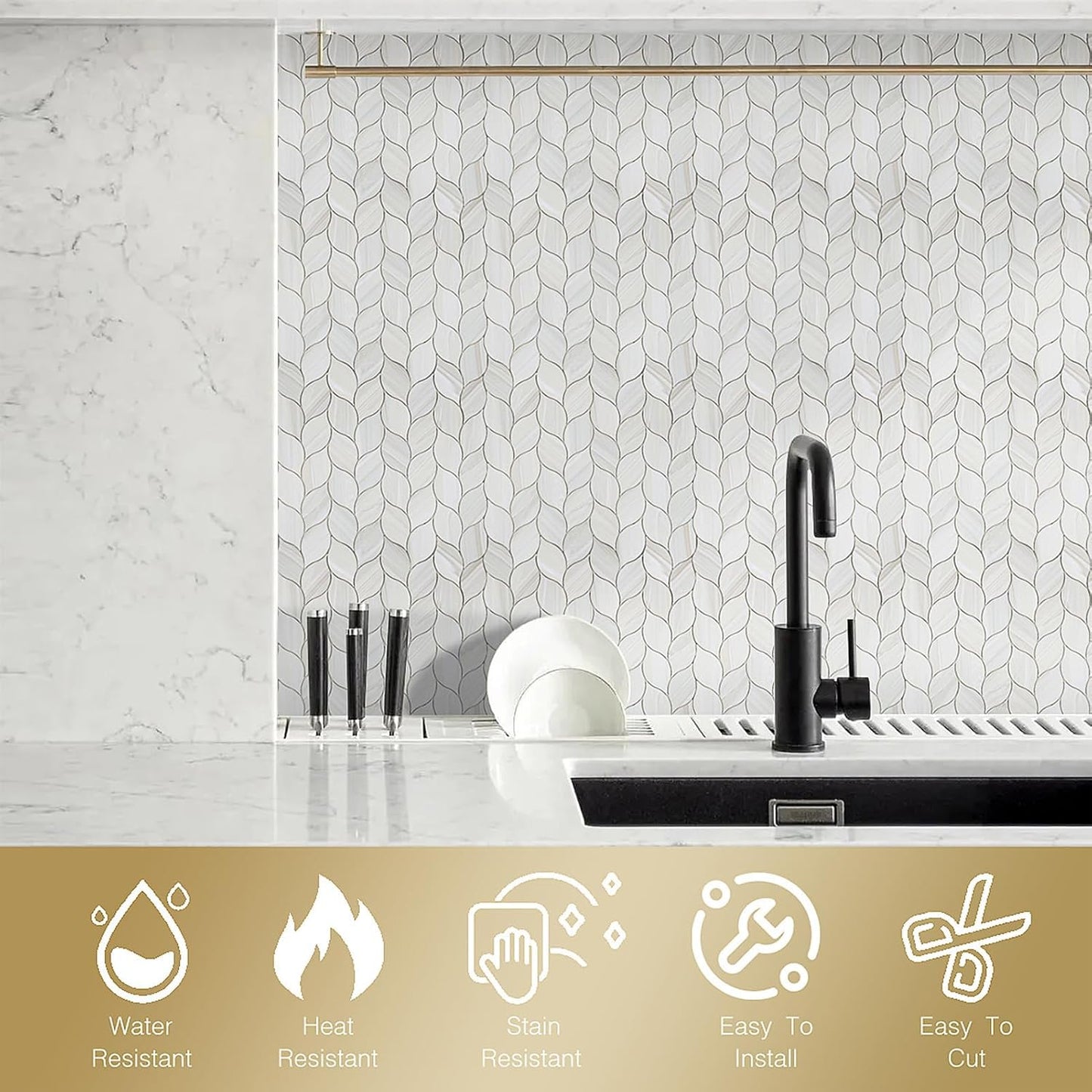 Tilingview 10-Sheet Peel and Stick Backsplash Tile for Kitchen, Self-Adhesive Mosaic Glossy Leaf Stick on Wall Tile with Gaps (Leaf Beige)