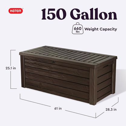 Keter 150 Gallon Resin Large Deck Box Organization and Storage Box for Patio, Outdoor Cushions, Garden Tools, Brown | Hydraulic Pistons, Resin, Weatherproof