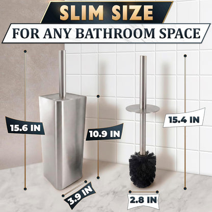 Black Toilet Brush and Holder Set - Slim Matte Design that Fits Anywhere - Stainless Steel Toilet Bowl Brush and Holder with 2 Rounded Corners, Replaceable Head, Removable Inner Bowl & Splash Guard