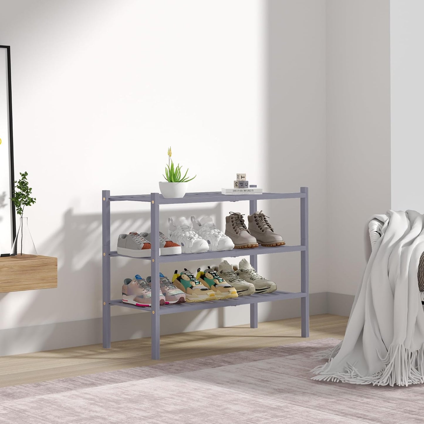 ROMGUAR CRAFT 3 Tier Bamboo Shoe Rack for Closet Free Standing Wood Shoe Shelf Storage Organizer for Entryway Small Space Stackable 27"x11"x20" (Natural)