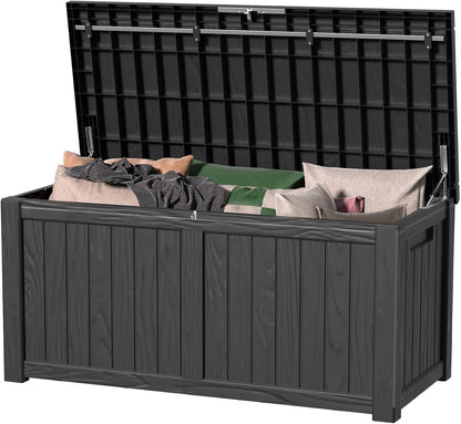 ROJIK 340 Gallon Deck Box Outdoor Waterproof,Weatherproof Outdoor Storage Boxes Lockable with Lid,Outside Resin Storage Bench for Patio Cushions,Garden Tools and Pool Accessories(Black)