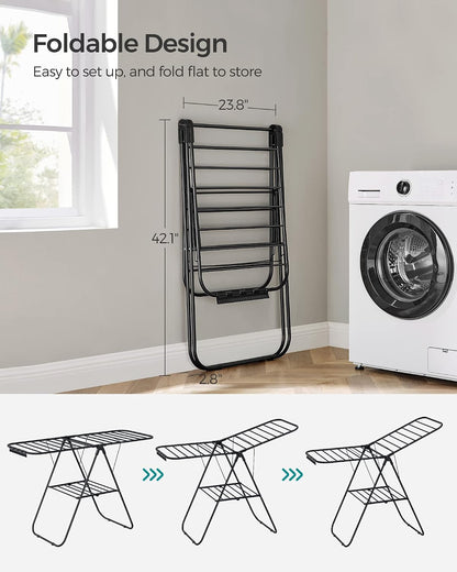 SONGMICS Clothes Drying Rack, with Sock Clips, Metal Laundry Rack, Foldable, Space-Saving, Free-Standing Airer, with 2 Height-Adjustable Gullwings, Indoor Outdoor Use, Gray ULLR052G01