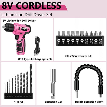 JENABOM Pink 3.6V USB Cordless Electric Screwdriver & Household Tool Kit | Power Screwdriver and Hand Tools in a Compact Box Case for Small Repair and Maintenance- Ideal Housewarming Gift, 112Pcs