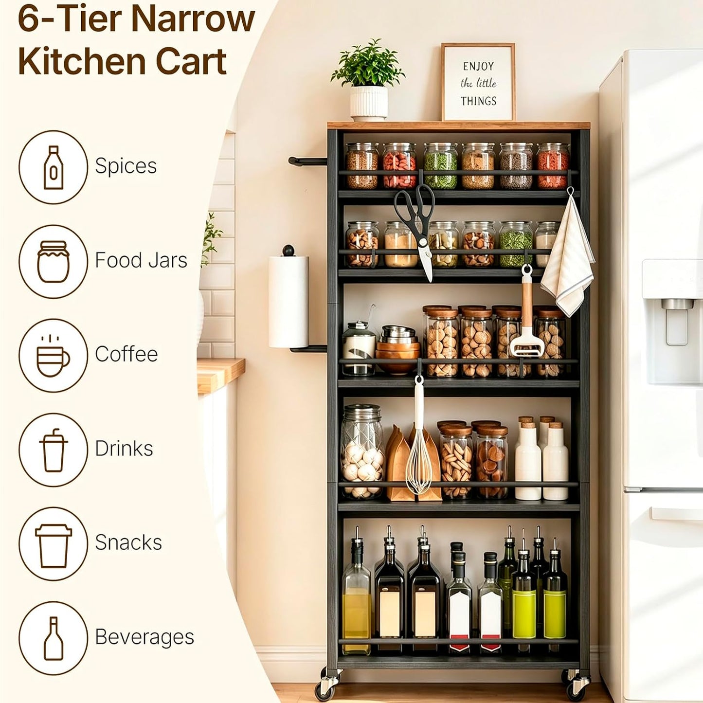 YATINEY 6 Tier Slim Storage Cart, Rolling Utility Cart with 360° Lockable Casters, Handle and 6 Hooks, Space Saving Organizer for Kitchen, Bathroom, Laundry Room, White BC11WN