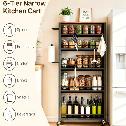 YATINEY 6 Tier Slim Storage Cart, Rolling Utility Cart with 360° Lockable Casters, Handle and 6 Hooks, Space Saving Organizer for Kitchen, Bathroom, Laundry Room, White BC11WN