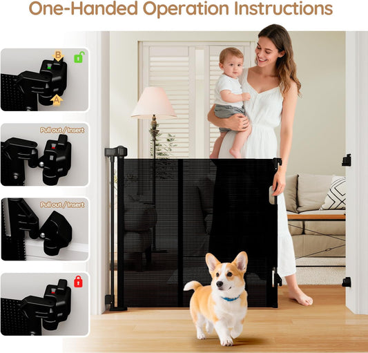 Miumoon One-Hand Operation Retractable Baby Gates, 71 inch Retractable Gate with Reinforced Strip Design to Prevent Crawling Through, 6 FT Retractable Dog Gate for Stairs, Doorways, Hallways