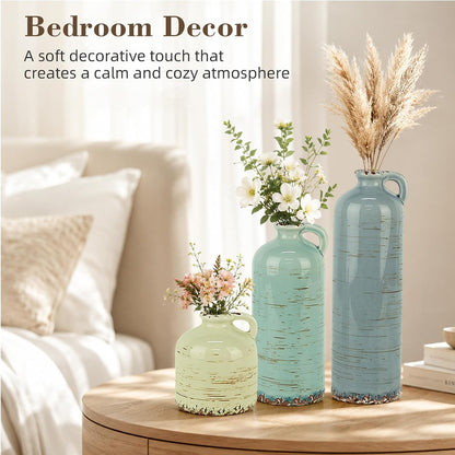 TBWIND Ceramic Vases Set of 3, Neutral Pottery Rustic Farmhouse Flower Vase | Small Decorative Flower Vases Modern Home Decor for Table Mantel Entryway Bookshelf Living Room Kitchen Bedroom