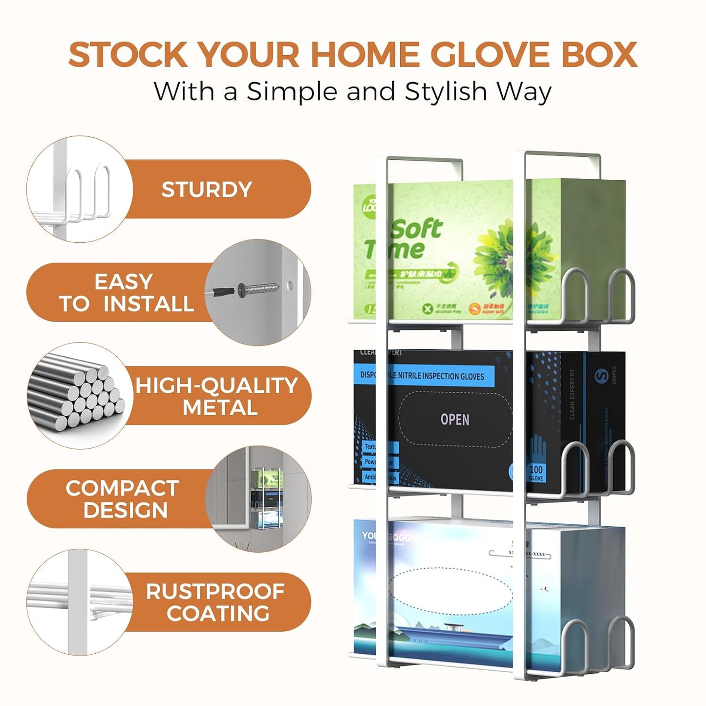 Glove Holder Dispenser for Wall Mount, Black Metal Disposable Latex Gloves Holder for Lab, Wall-Mounted Triple Rubber Box Holder, Tissue Rack for Kitchen and Garage