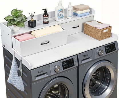 VEVOR Washer Dryer Countertop with 2-Tier Shelf, 54" x 27" Wooden Washer and Dryer Countertop with Anti-Slip Pads, Water-Resistant Laundry Topper Cover for Laundry Room Organization and Storage, Black