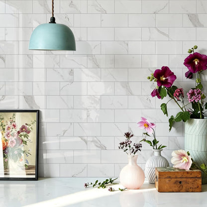 Vamos Tile 100-Piece Glossy Dolomite White Peel and Stick Backsplash Tile,3''x6'' PVC Subway Tile with White Grout, Stick on Backsplash for Kitchen/Bathroom/Fireplace
