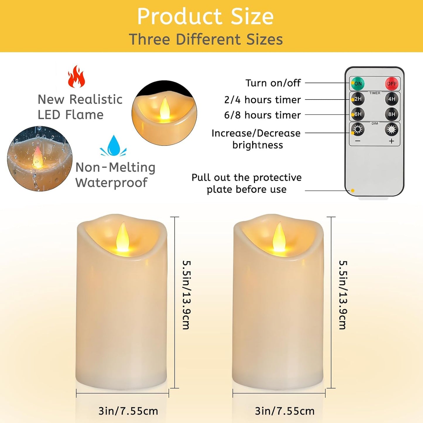 Flameless Candles 4" 5" 6" Set of 3 Outdoor Indoor Ivory Pillars Battery Operated Flickering Candles Include 8-Key Remote Timer Function, Fake Plastic Candles for Wedding, Aniversary, Christmas Decor