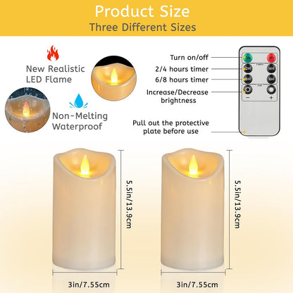 Flameless Candles 4" 5" 6" Set of 3 Outdoor Indoor Ivory Pillars Battery Operated Flickering Candles Include 8-Key Remote Timer Function, Fake Plastic Candles for Wedding, Aniversary, Christmas Decor