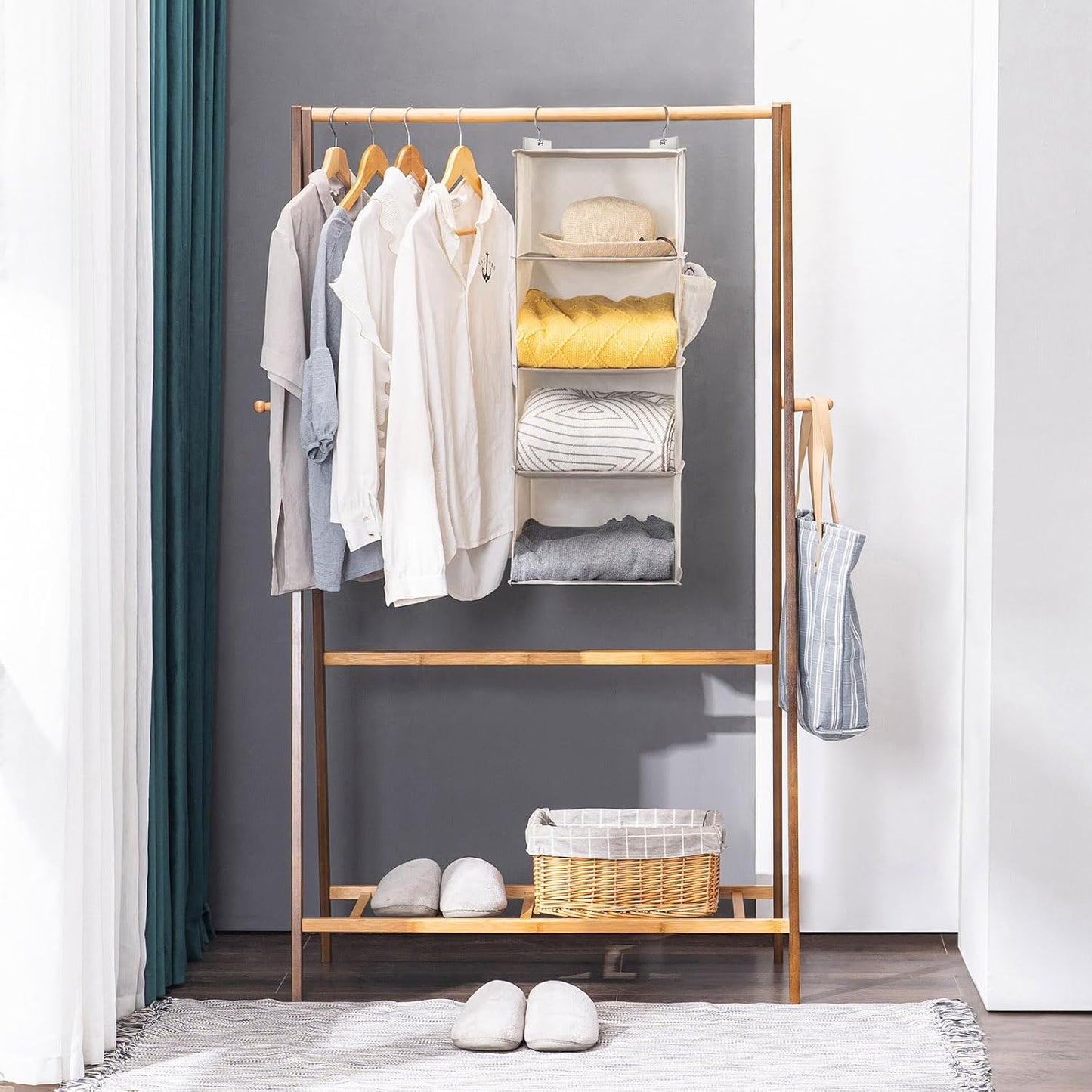YOUDENOVA Hanging Closet Organizer, 4-Shelf Closet Hanging Storage Shelves, Grey