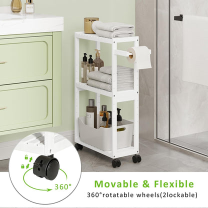 RRX Toilet Paper Holder with 3 Tier,16.14''Dx7.08''Wx28.35''H (Beige) | Small Bathroom Rolling Bamboo Mobile Storage Corner Shelf Cabinet for Narrow Spaces, Freestanding Slim Kitchen Organizer