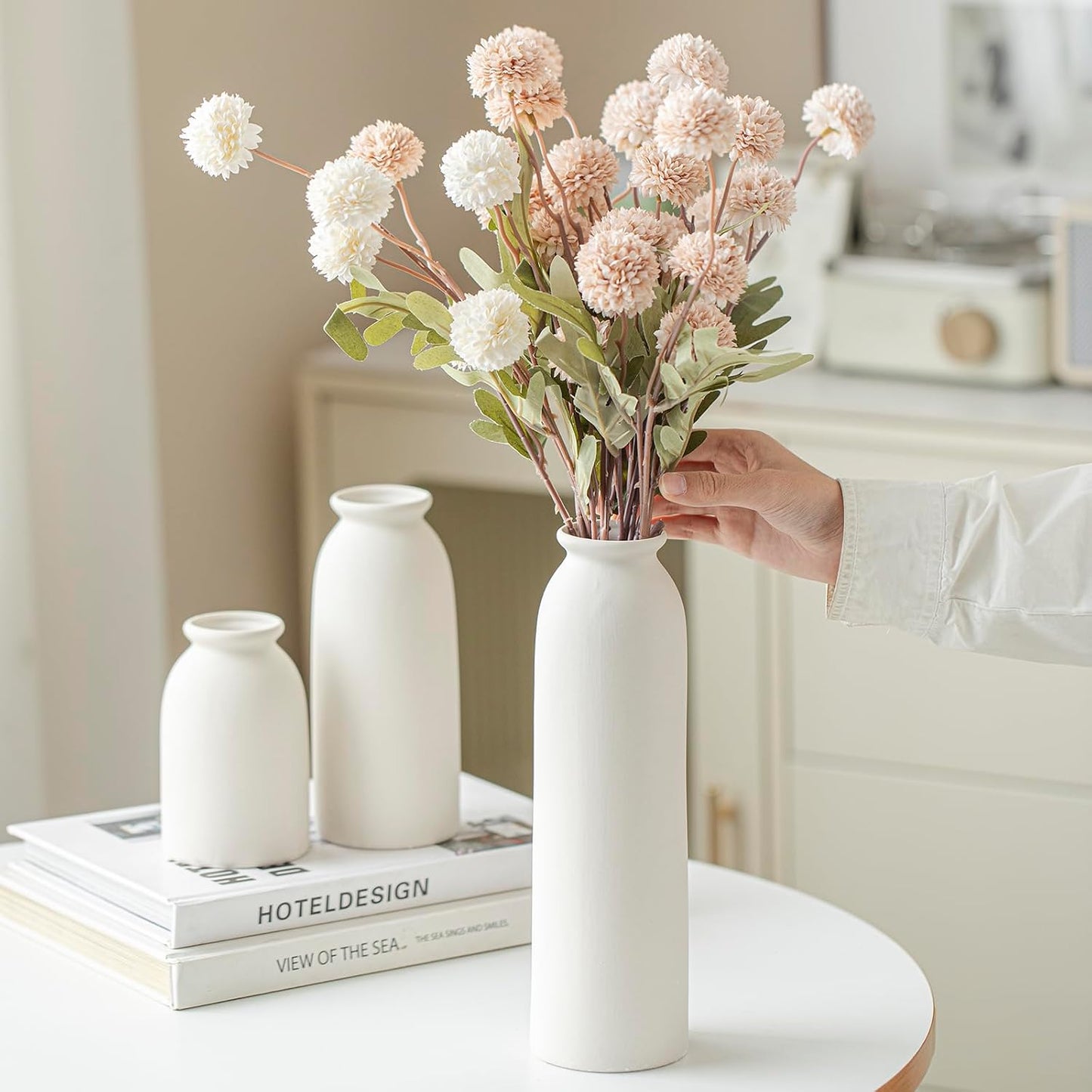 Ceramic Vase Set-3, Small Flower Vases for Decor, Modern Boho Farmhouse Style, Decorative Vases for Pampas Grass & Dried Flowers, Distressed Finish (Beige)