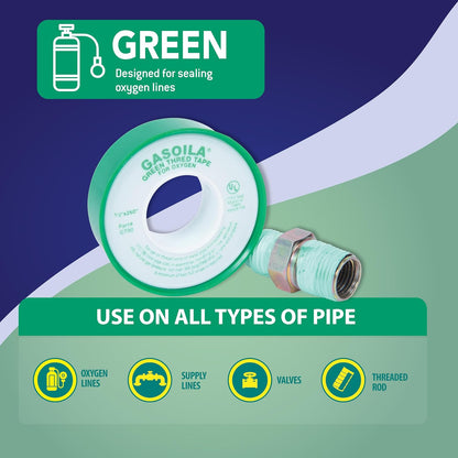 Gasoila Green PTFE Thread Seal Tape – Professional-Grade High-Density Thread Tape for Oxygen Lines – Leak-Proof Seal, Non-Toxic (1/2 Inch x 260 Inch Roll)
