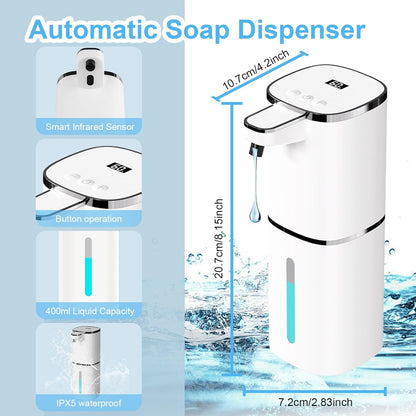 OHIFAST Automatic Foaming Soap Dispenser Touchless, USB Rechargeable Smart Hand Soap Dispenser, 9-Level Adjustable, Physical Button Operation, 13.5oz/400mL Wall Mounted for Bathroom Kitchen Dish Soap