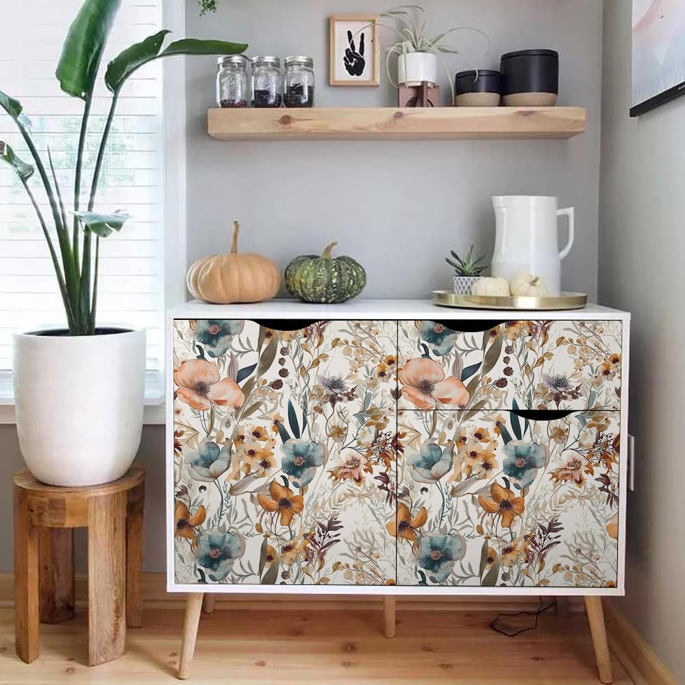 MuralPeel White/Pink/Gold Floral Garden Black Blue Flowers Vintage Peel and Stick Wallpaper Self Adhesive Removable Easy Peel Off Contact Paper Stick on Wall Paper for Bedroom Cabinet Renter Friendly
