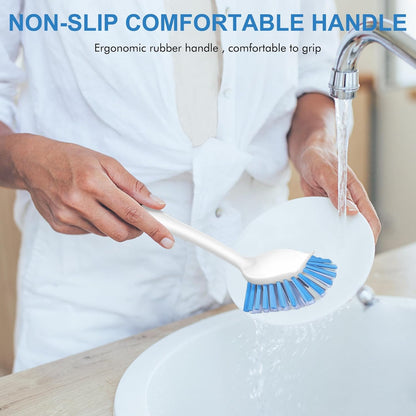 SetSail Dish Brush with Handle, 2 Pack Stiff Bristles Dish Scrubber with Built-in Scraper Dish Scrub Brushes for Cleaning Dishes, Pots and Pans, Kitchen Sink