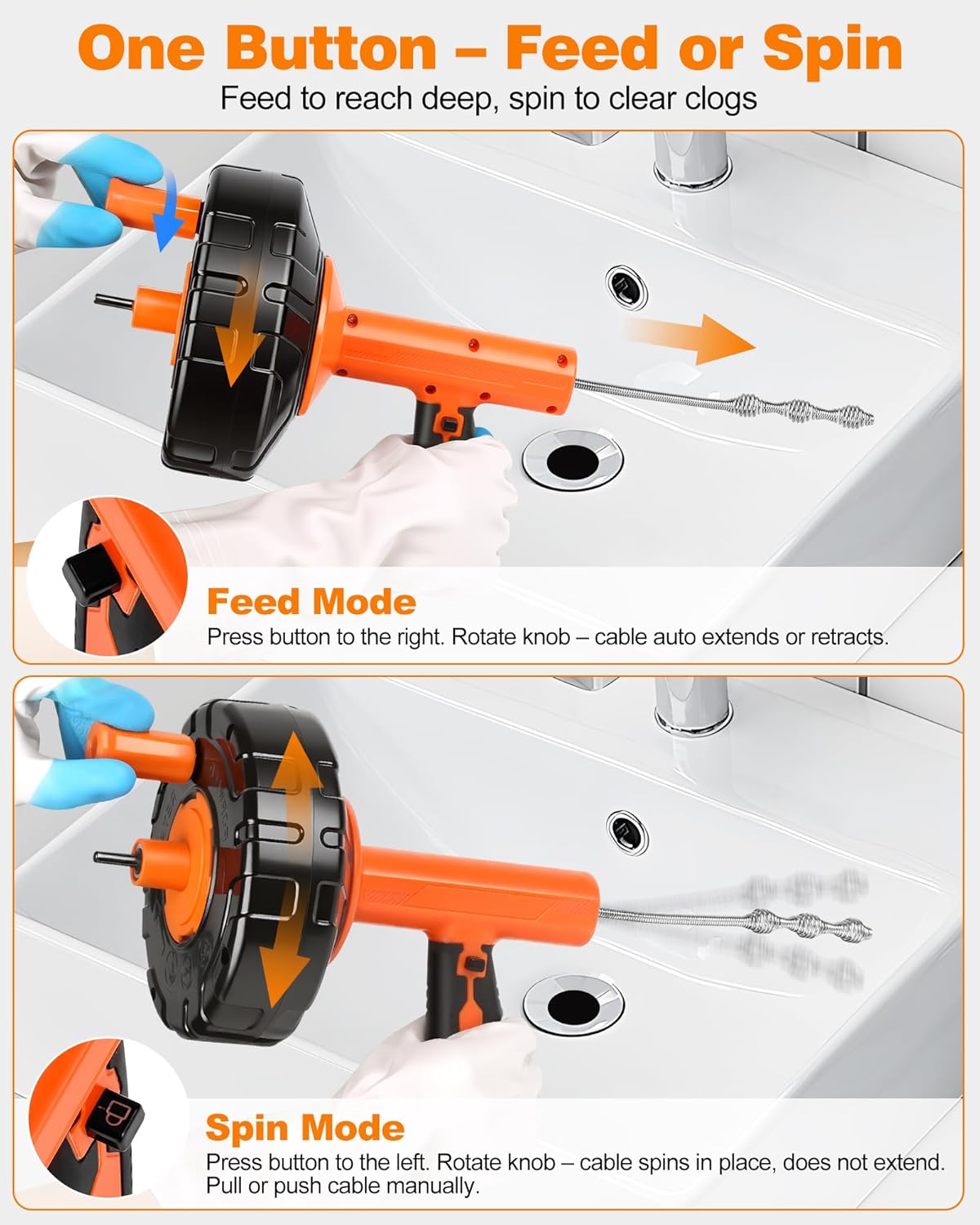 Drain Auger 33 ft, Auto Feed Drain Snake with Drill Adapter, Heavy Duty Plumbing Snake Hair Clog Remover Tool Kit with Gloves & Brushes for Kitchen Sink Shower Bathtub Bathroom Toilet Clog Removal