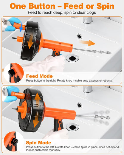 Drain Auger 33 ft, Auto Feed Drain Snake with Drill Adapter, Heavy Duty Plumbing Snake Hair Clog Remover Tool Kit with Gloves & Brushes for Kitchen Sink Shower Bathtub Bathroom Toilet Clog Removal