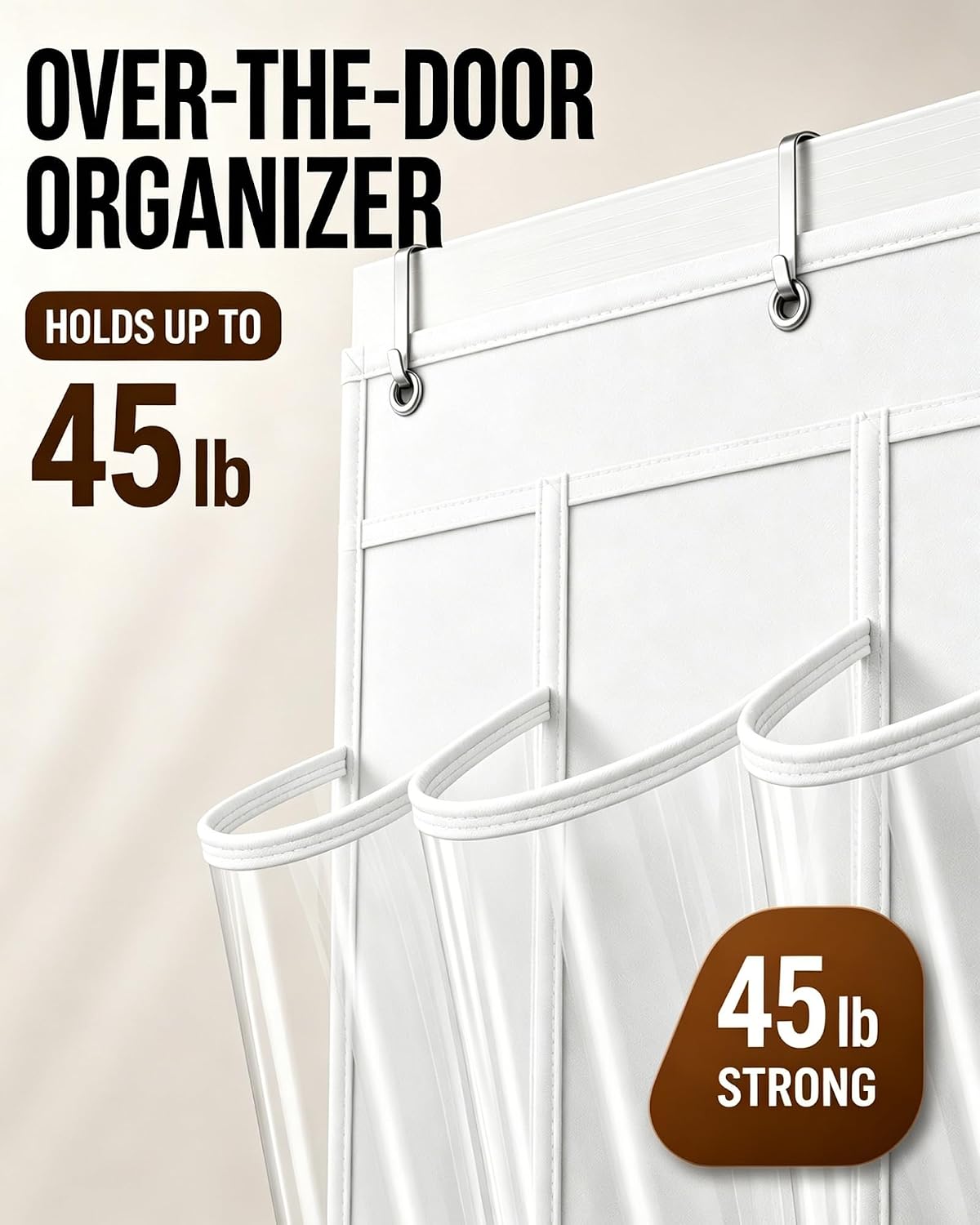 Over the Door Shoe Organizer with 24 Crystal Clear Pockets and Metal Hooks – Heavy Duty Hanging Shoe Storage Rack for Closet, Bathroom, Dorm – Space Saving for Shoes, Accessories, Toys (White)