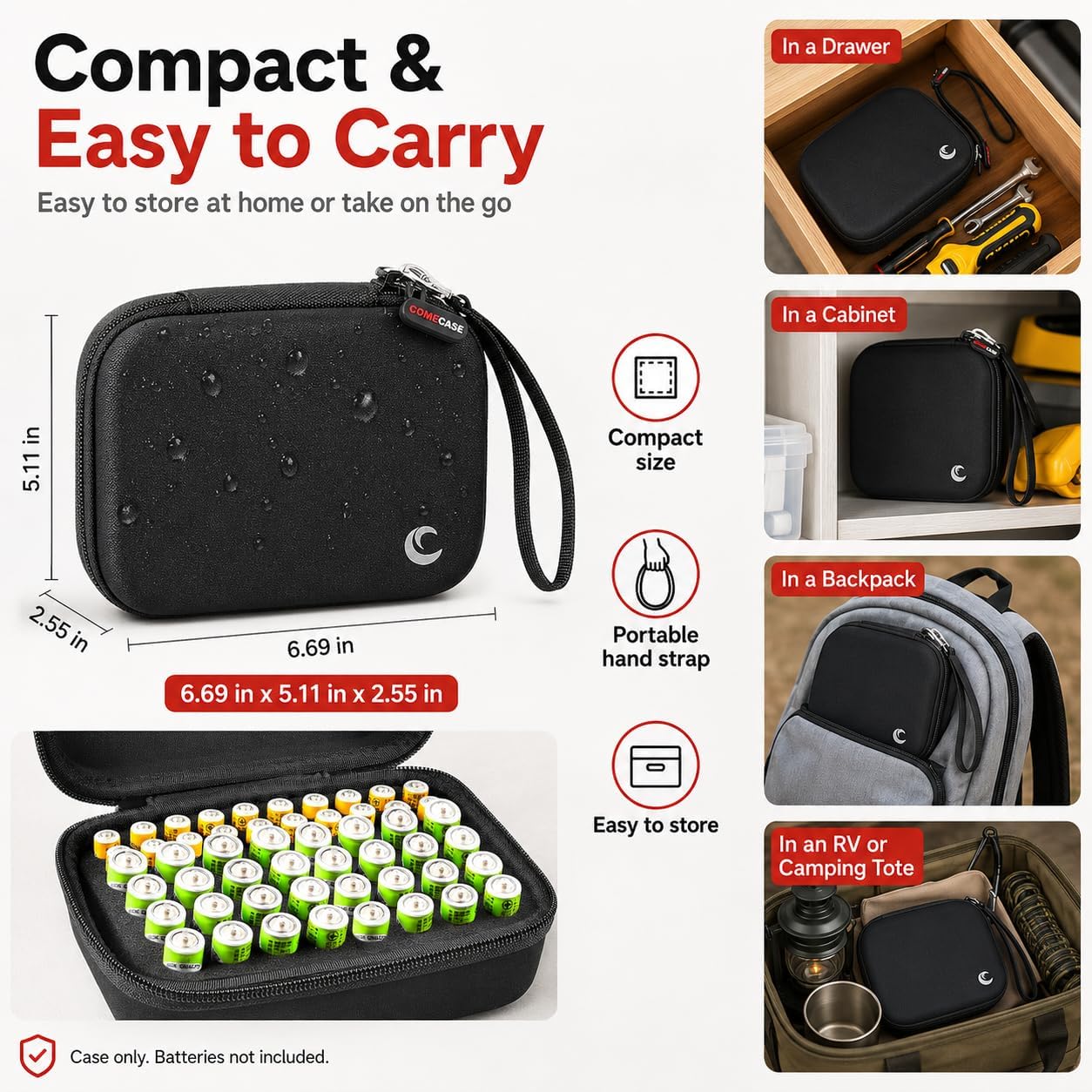Comecase Battery Storage Case with Tester, Holds 148+ AA AAA C D 9V, Black | Hard-Shell Design, Carry Handle and Custom Foam Slots Keep Batteries Visible, Separated and Ready for Home, Garage or Office