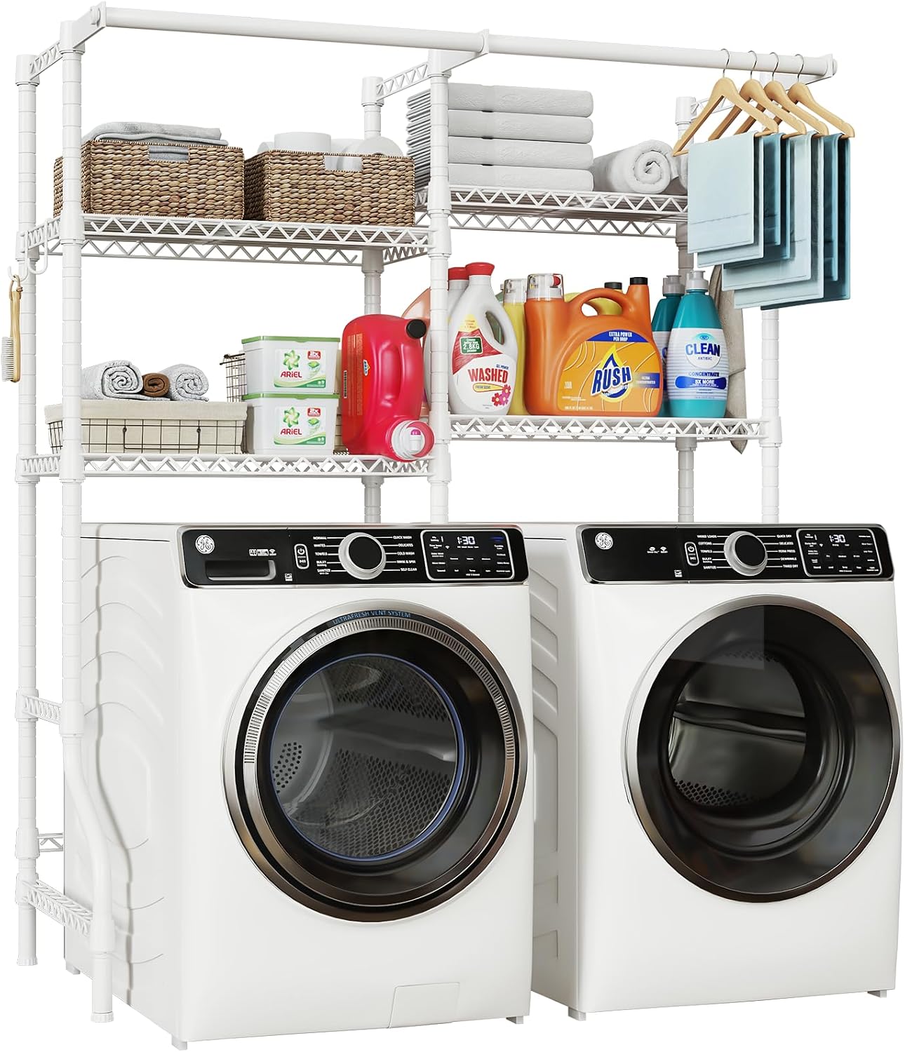 ULIFHOME U14 Over Washer and Dryer Storage Shelves, 4 Tiers Laundry Room Storage and Organizer System, Space Saving Clothes Drying Rack with 2 Clothes Hanger Rods, 66.5" W x 20.5" D x 77.4" H, Black