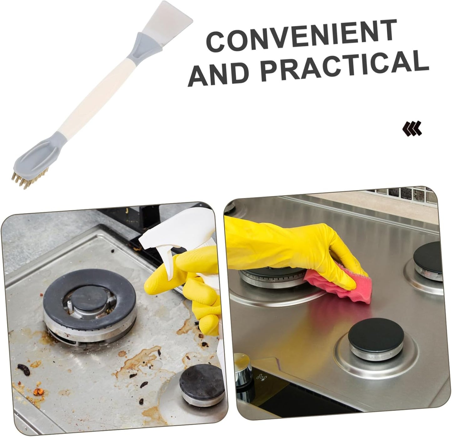 Scrubber Brush Cleaning Tool with Wire Bristles and Scraper for Gas Stove Range Hood and Cooktop Ergonomic Handle for Comfortable Grip and Deep Grease Removal