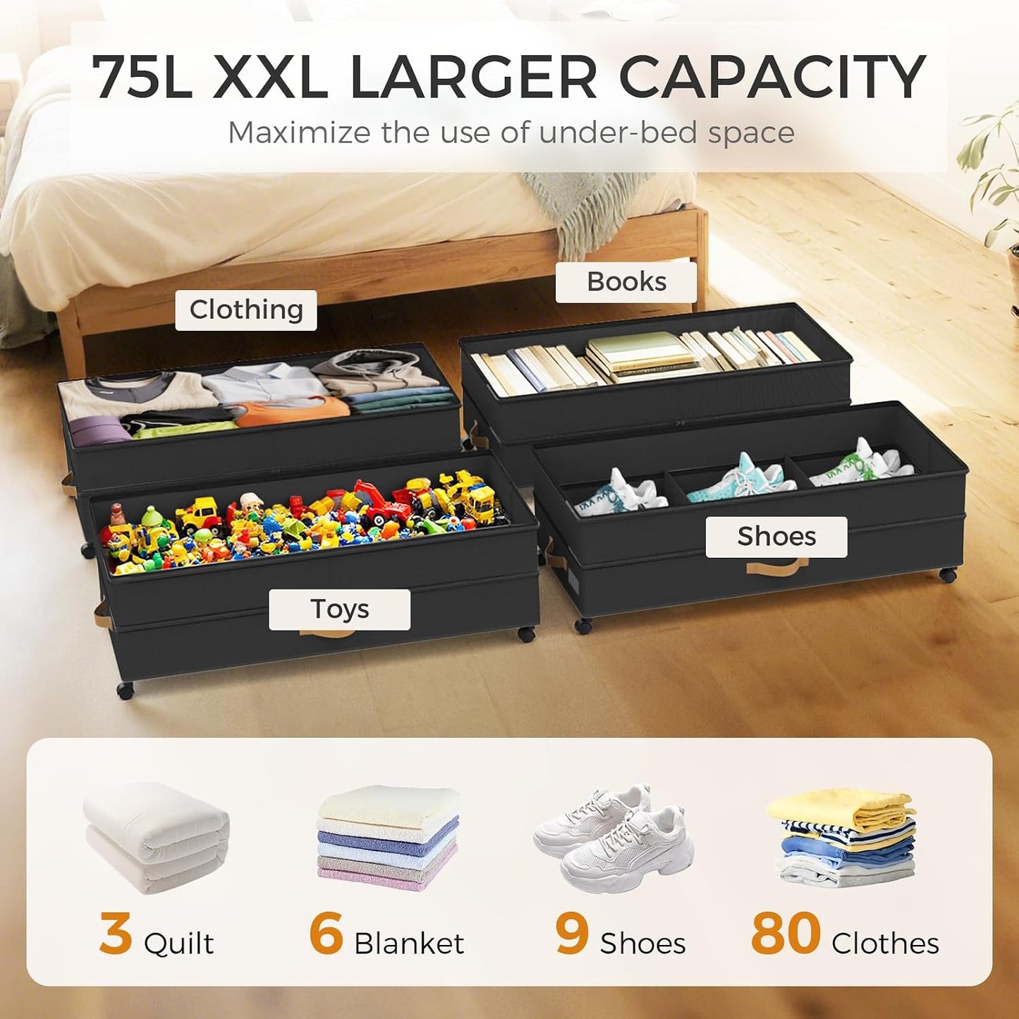 Under Bed Storage with Wheels 2-Pack, 75L XXL Under the Bed Storage Containers Large, 12" Tall Adjustable Storage for Underbed with Lids, Rolling for Shoes, Clothes, Blankets (Grey)