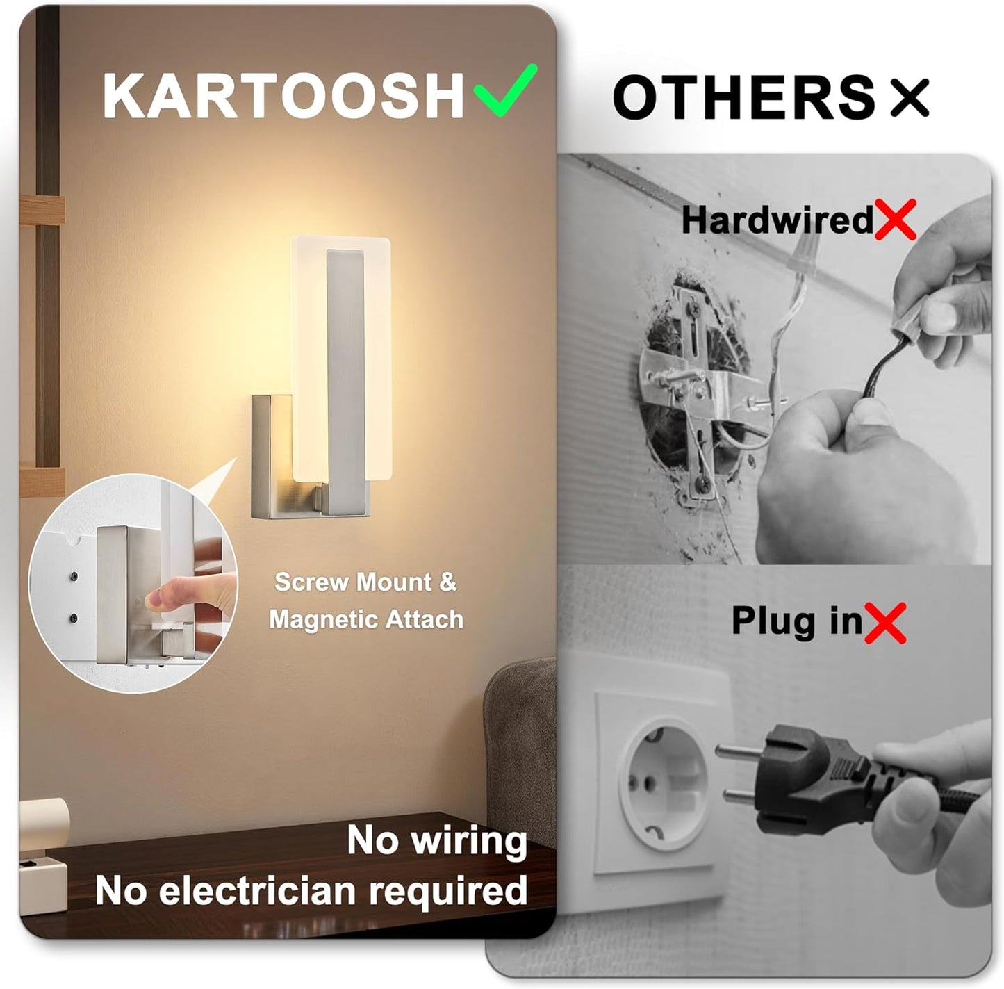 KARTOOSH Rechargeable Wireless Wall Sconces,Battery Operated Modern Wall Light Set of Two with Remote Control,Dimmable,3000K/4000K/6000K,Timer,Cordless Lighting for Hallway,Bedroom,Living Room Black
