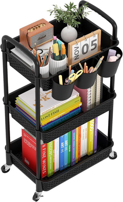 MOYIPIN 3-Tier Plastic Rolling Utility Cart with Handle,Utility Storage Cart for Office, Living Room, Kitchen,Movable Storage Organizer Shelves,White