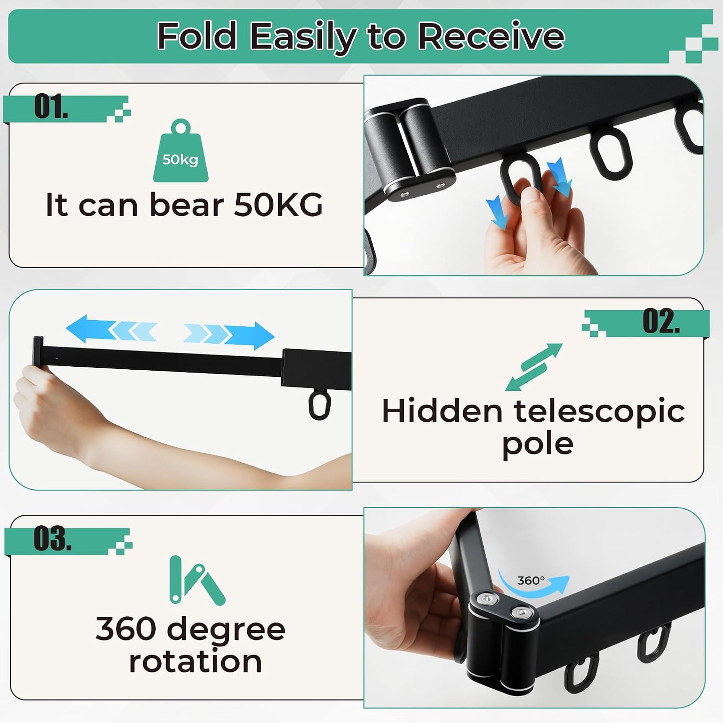 Wall Mounted Drying Rack,Foldable and Rotatable Clothes Drying Rack, Triple Folding Hanger Saves Space,Suitable for Cloakroom,Balcony, Bathroom,The Maximum Load Bearing 50kg (Black)