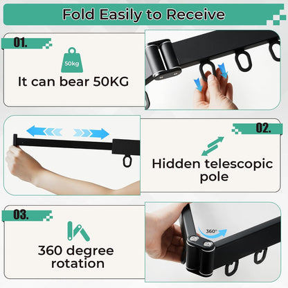 Wall Mounted Drying Rack,Foldable and Rotatable Clothes Drying Rack, Triple Folding Hanger Saves Space,Suitable for Cloakroom,Balcony, Bathroom,The Maximum Load Bearing 50kg (Black)