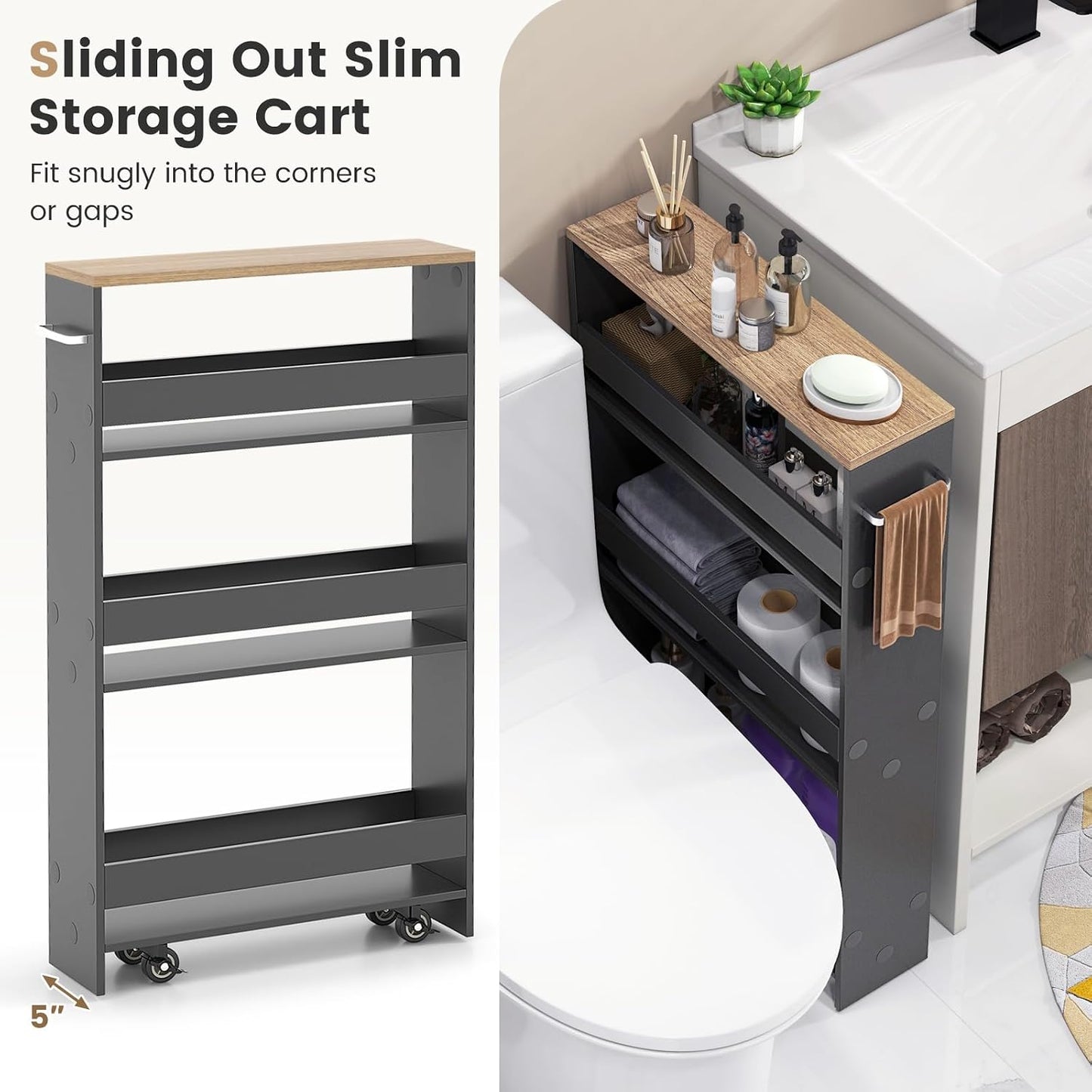 COSTWAY Slim Rolling Storage Cart, 4-Tier Rolling Utility Cart, Wood Kitchen Storage Cart with Handle & Wheels, Narrow Rolling Shelving Unit for Kitchen Bathroom Laundry Small Places (Plain White)