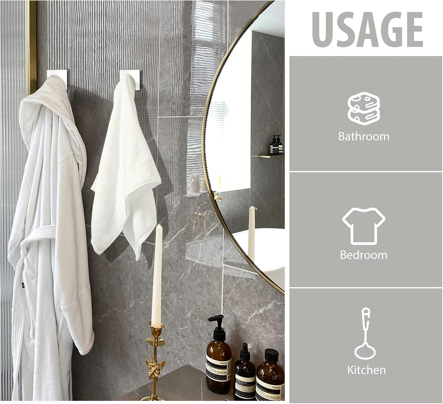 VIS'V Adhesive Towel Hooks, Waterproof Shower Wall Stick on Hooks, 2 Extra Adhesive Strips, White, 4 Pcs