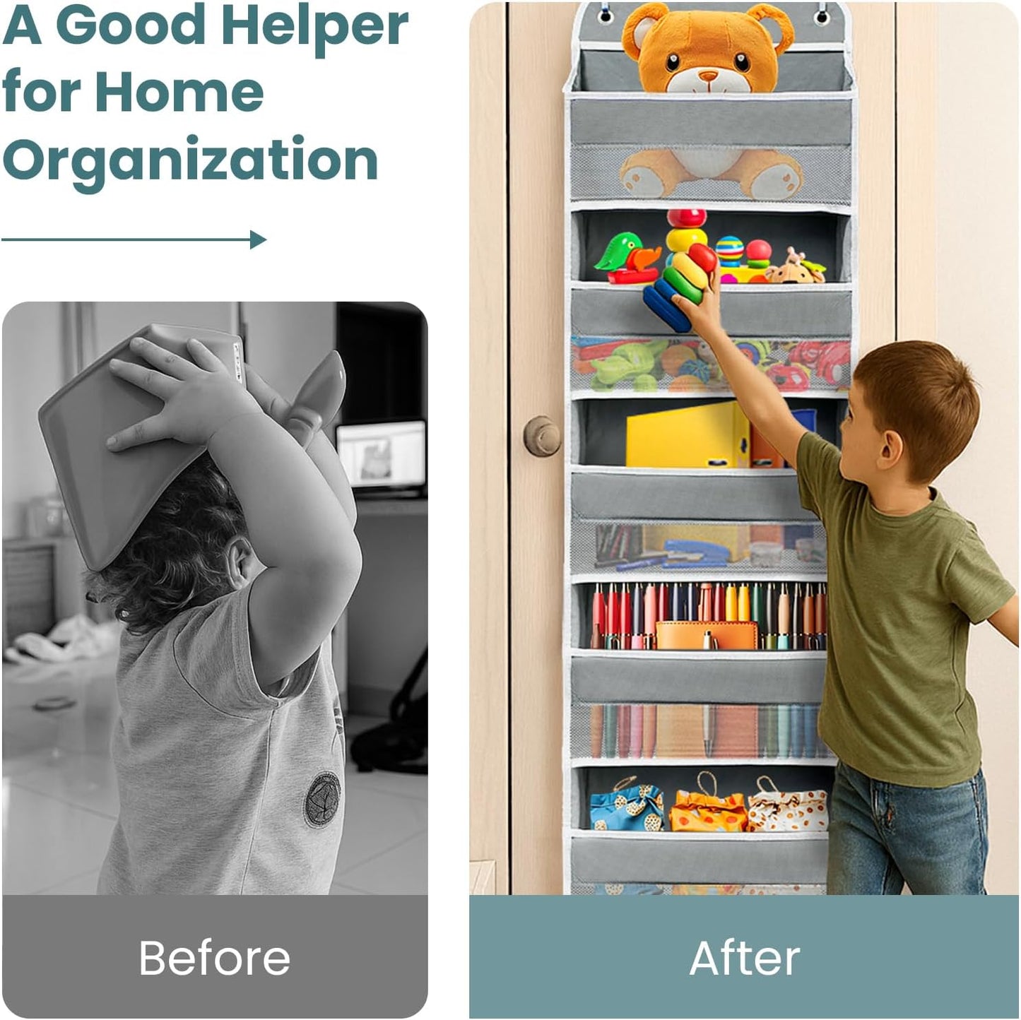 Over The Door Organizer with LifetimeWarranty, 4 Shelves & 4 Side Pockets, Large Storage Rack Holds 44lb, Heavy-Duty Reinforced Mesh Shelf for Bathroom, Closet, Toy Organization, Shoes, Towels, Grey