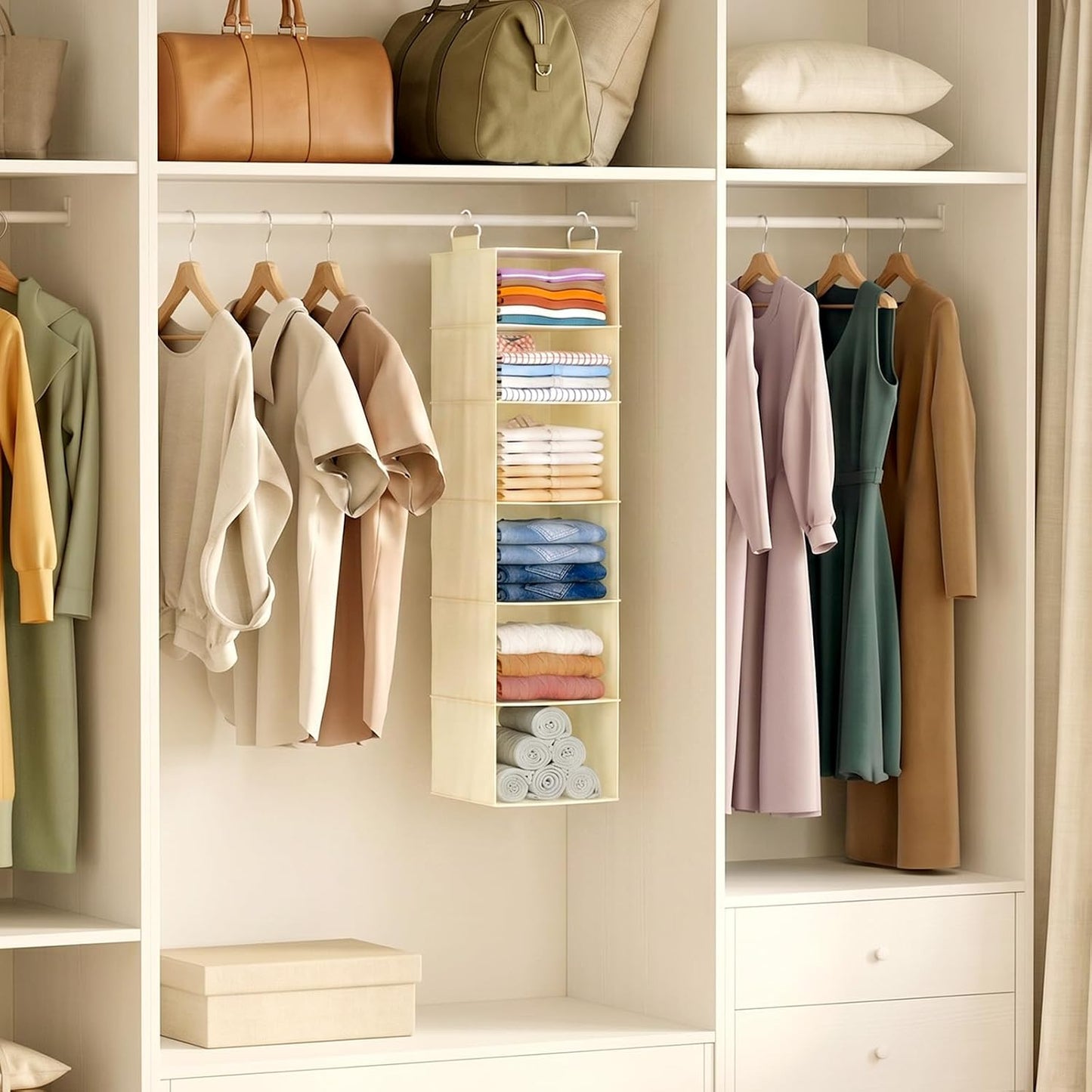 Lifewit 5 Tier Hanging Closet Organizer and Storage for Shelves, Foldable Clothes Shelf with 2 Sturdy Hooks, Sweater/Coat/Shoes Clothing Organization for Wardrobe, Dorm, Bedroom, Gray
