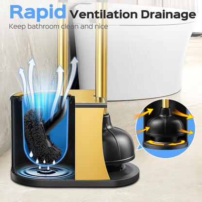 HAMITOR Toilet Plunger and Brush Set: 2 in 1 Stainless Steel Rustproof Combo with Deep Cleaning Curved Bristles - Heavy Duty Toilet Unclogging for Family Bathroom - Compact Apartment Accessories