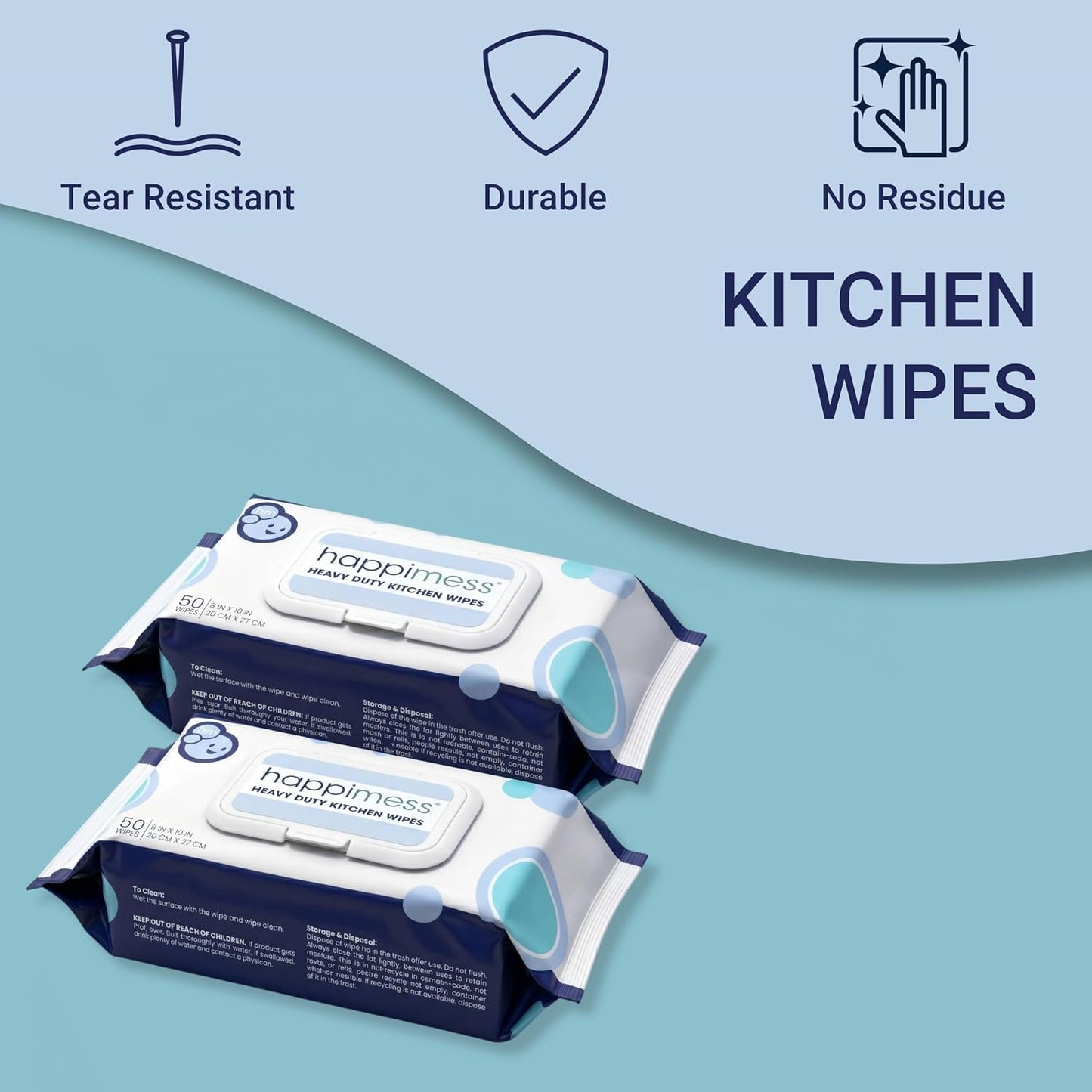 happimess WPE1003A Reusable Heavy Duty Kitchen Wipes, Strong & Durable Multi-Surface Cleaning Cloths for Counters, Stovetops & Grease, Streak-Free & Unscented, 50 Count, 8" x 10"