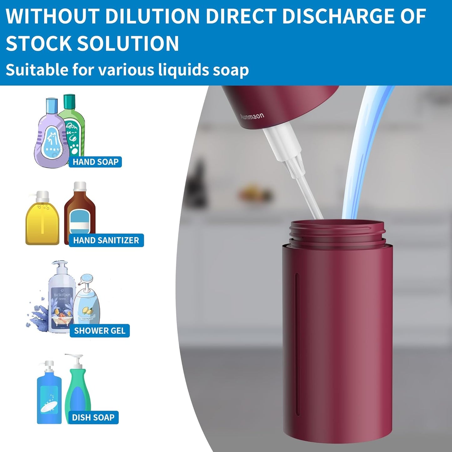 Aunmaon Automatic Soap Dispenser Touchless, Hands-Free, Multi Adjustable Volume, Long Battery Life, Compatible with Thick & Thin Dish/Hand Soap for Bathroom and Kitchen, Easy for Toddlers, Black