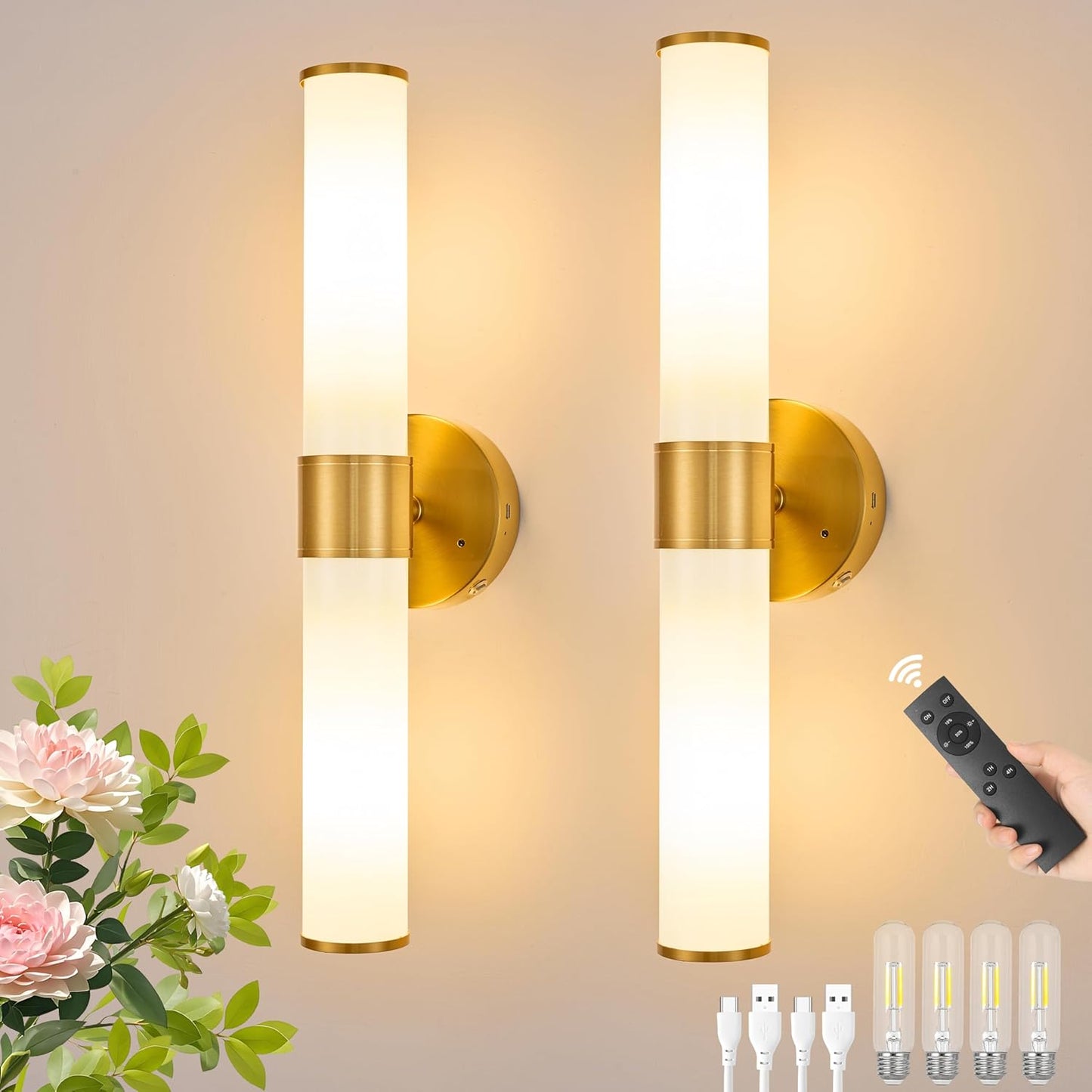 Morauroral Gold Battery Operated Wall Sconces Set of Two, Rechargeable Wall Sconce with Dimmable Remote Control, 20 Inch Wireless Sconce Wall Light for Bedroom, Living Room (Bulbs Included)