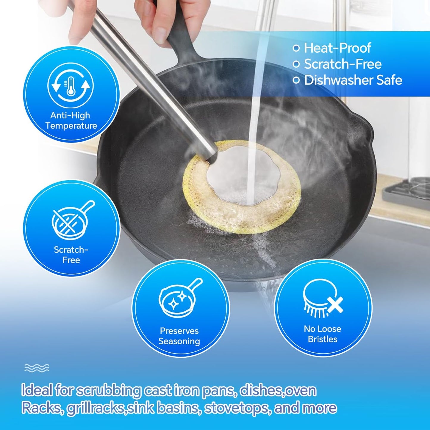 Kitchen Cleaning Brush with Handle, Non-Scratch Preserve Seasoning for Wok, Cast Iron Skillet, Pans, Oven Racks, Air Fryer, Jars - Stainless Steel Handle