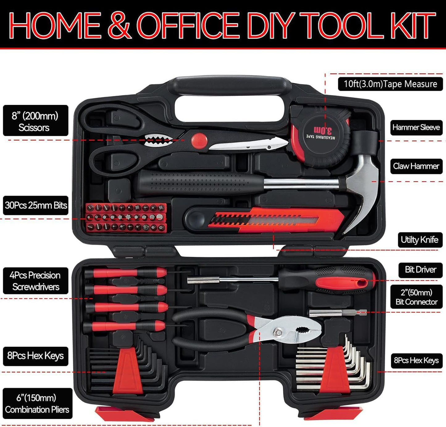 MARTCOLOR 58 Piece Household Tool Set, General Household Hand Tool Kit with Plastic Toolbox Storage Case, All Purpose Household Tool Kit for Women, Girls and Ladies, Pink