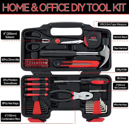 MARTCOLOR 58 Piece Household Tool Set, General Household Hand Tool Kit with Plastic Toolbox Storage Case, All Purpose Household Tool Kit for Women, Girls and Ladies, Pink
