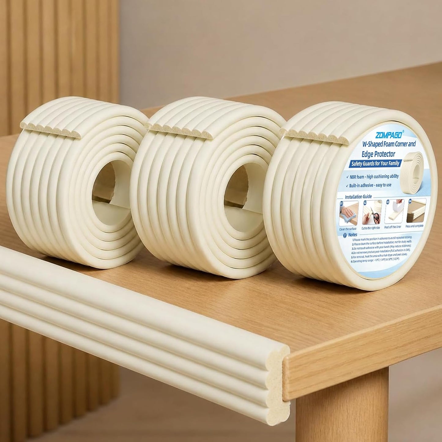 ZOMPAGO Baby Edge Protector Roll (6.56FT) & 8 Corner Guards - White Foam Furniture Corner Protectors - Baby Proof Corners and Edges for Table, Wall, Bed Frame - Baby Proofing Safety Bumpers