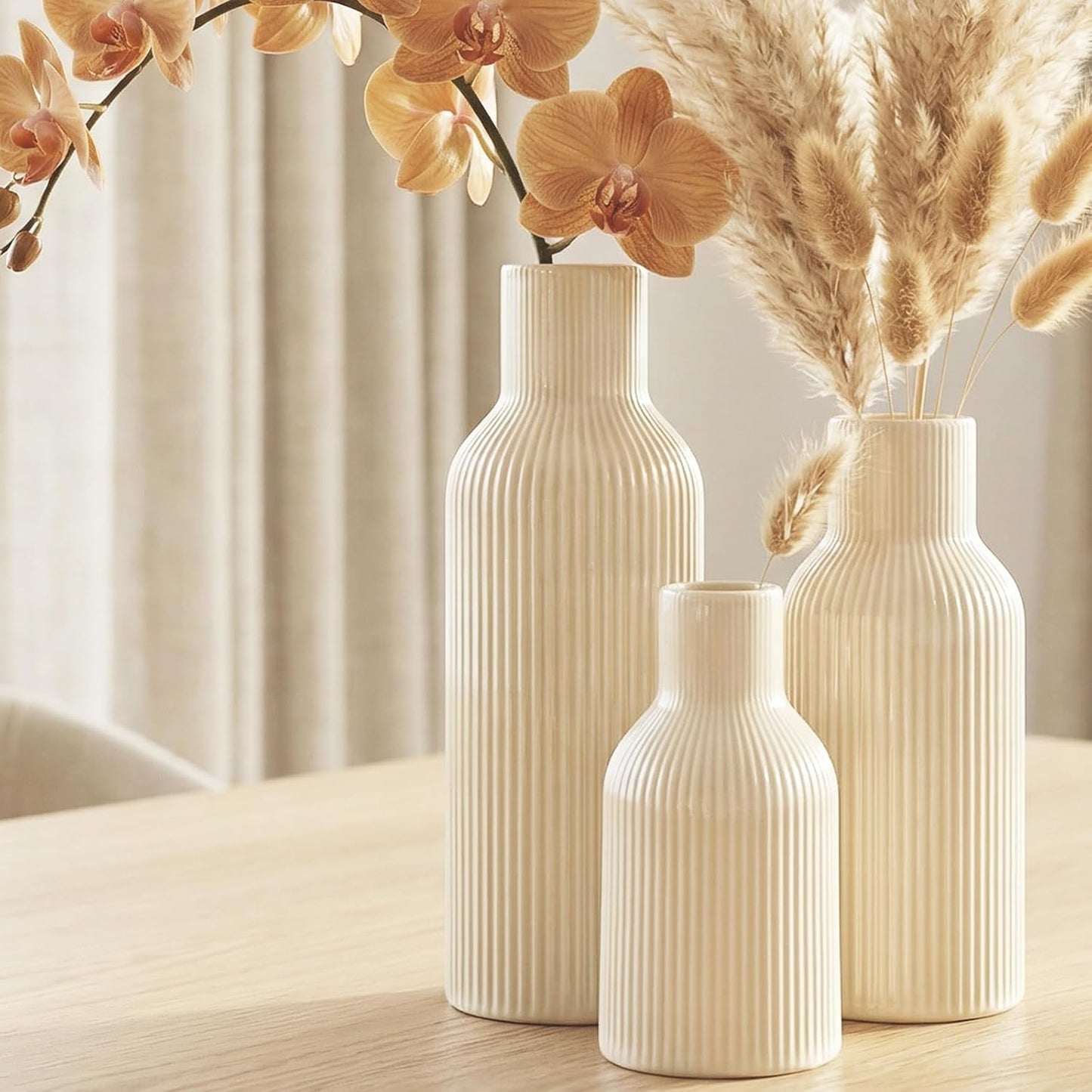 White Ceramic Flower Vases Set of 3, Modern Matte Vertical Ribbed, Nordic Minimalist Decor for Pampas, Dried & Fresh Flowers, Centerpiece for Living Room, Shelf, Entryway, Wedding,Office